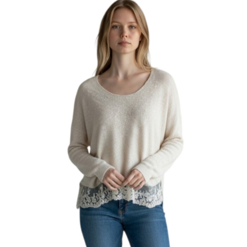 WOVEN HEART CREAM LACE BORDER SWEATER SZ.S EUC